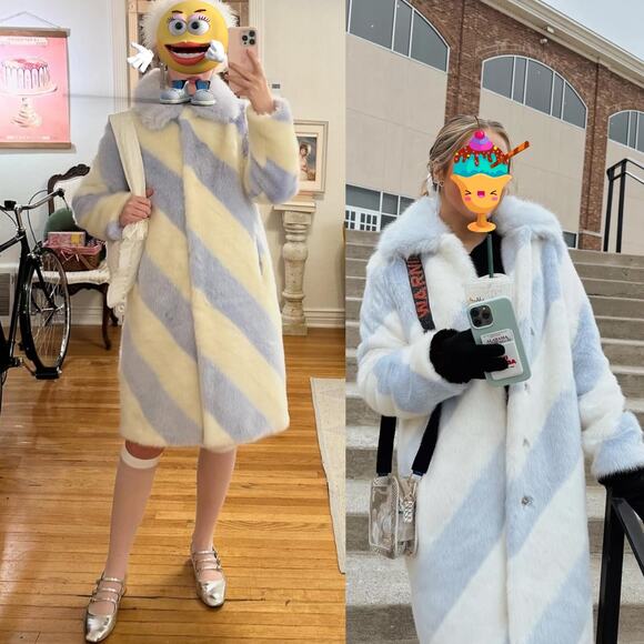 ANTHROPOLOGIE Stripe Faux Fur Coat Jacket Whimsical Gorpcore Glam Blue Ivory - Picture 14 of 15